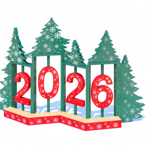 Новогодняя композиция с ёлками и «Цифры 2026» в красно-зелёной гамме